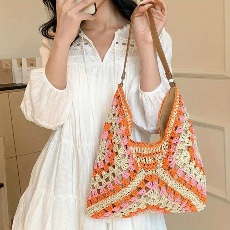 Boho Straw Woven Tote Bag