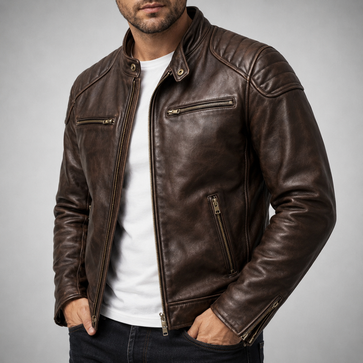Stand Collar Zip-Up Biker Jacket