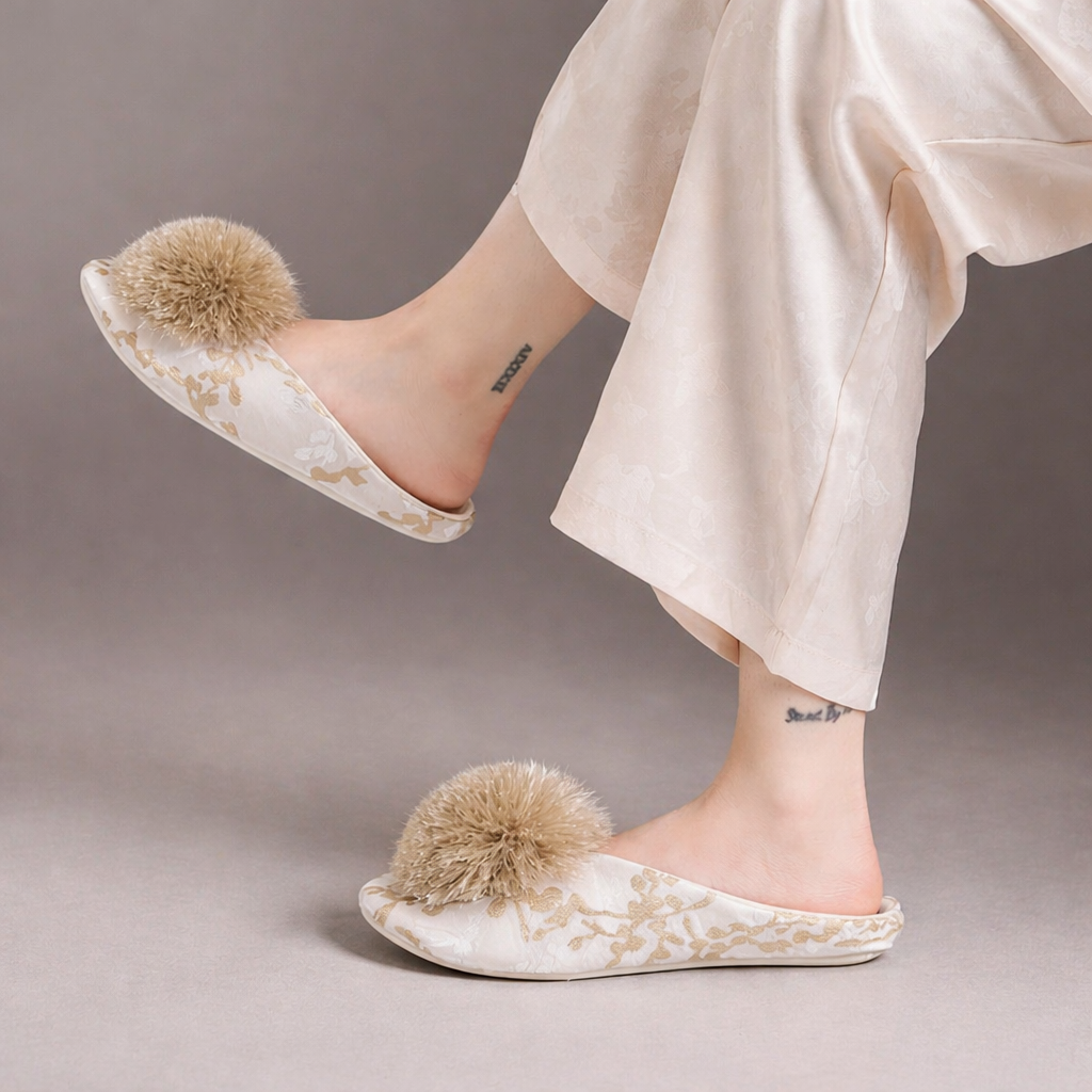 Embroidered Pom Slippers