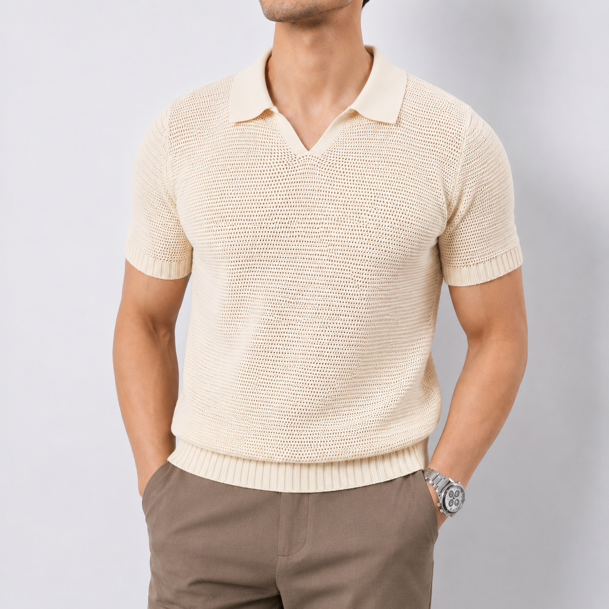 Men's Hollow Knit V-Neck Polo
