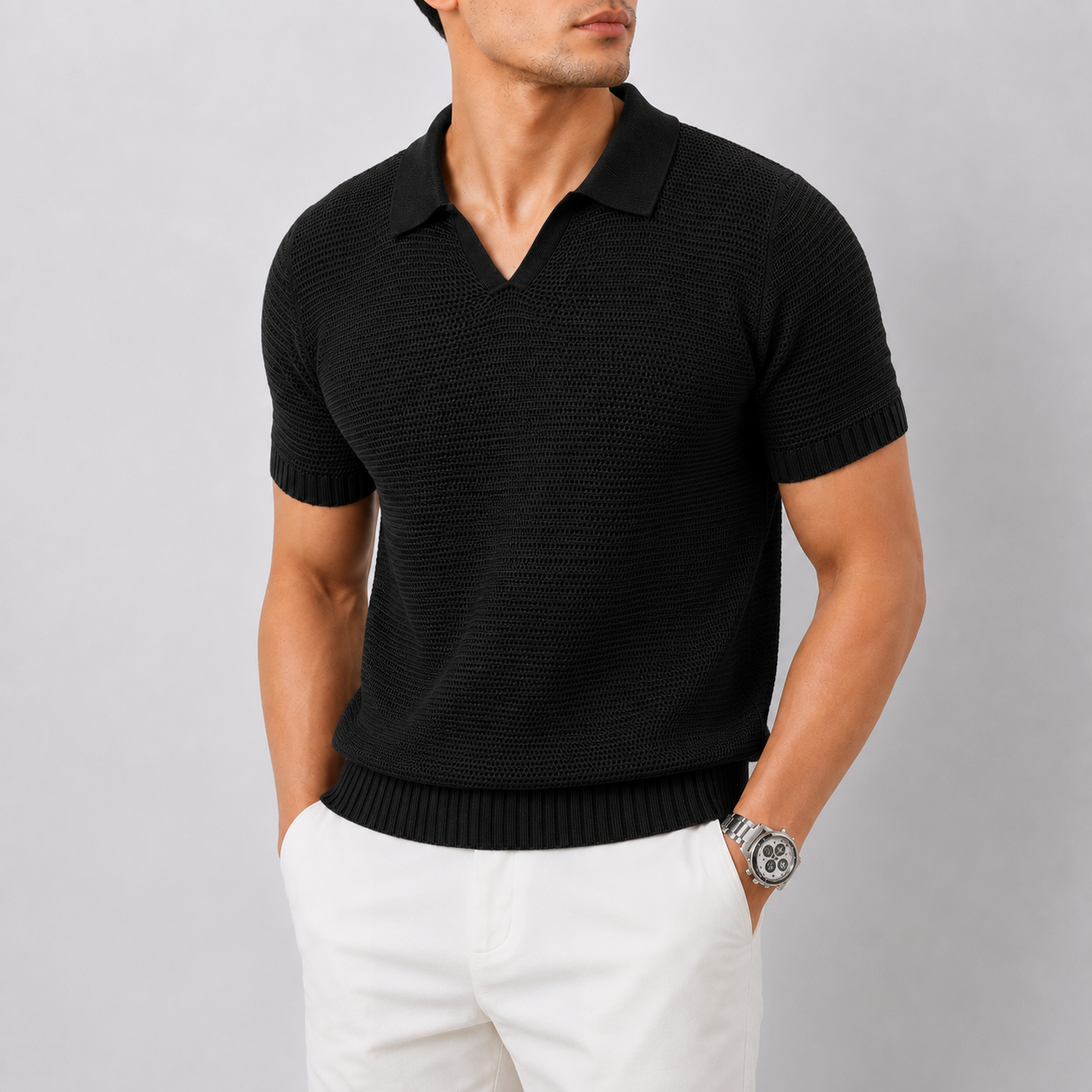 Men's Hollow Knit V-Neck Polo