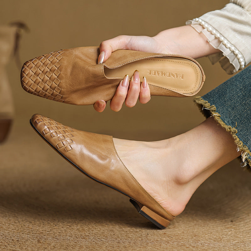 Genuine Leather Square-Toe Mules