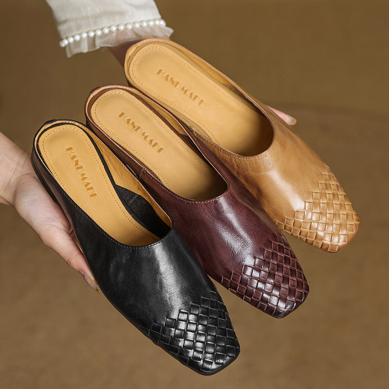 Genuine Leather Square-Toe Mules