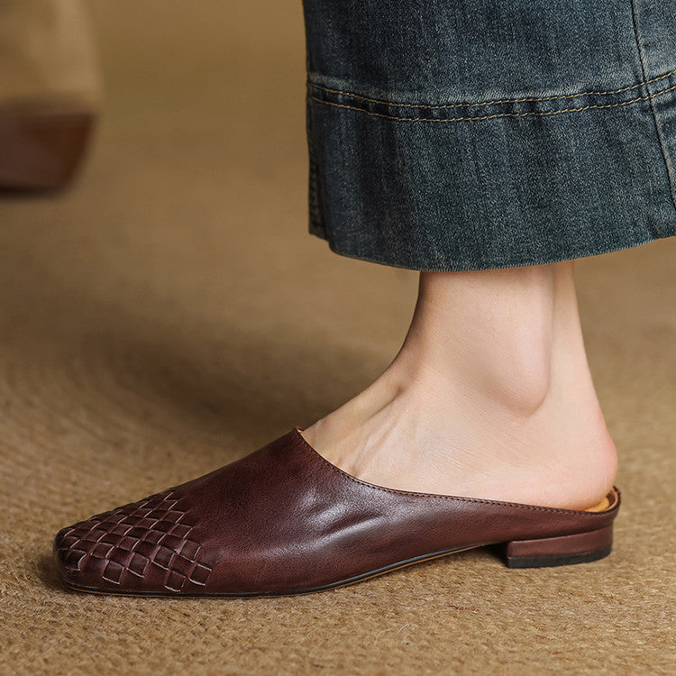 Genuine Leather Square-Toe Mules