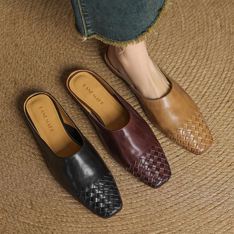 Genuine Leather Square-Toe Mules