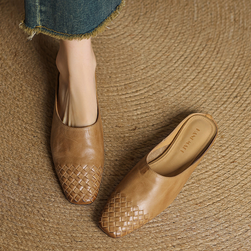Genuine Leather Square-Toe Mules