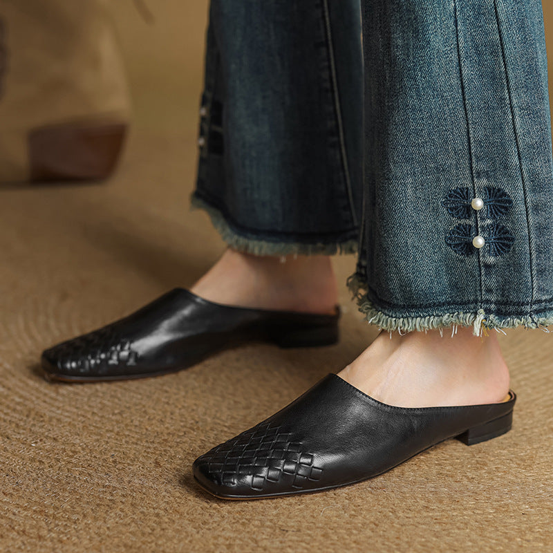 Genuine Leather Square-Toe Mules