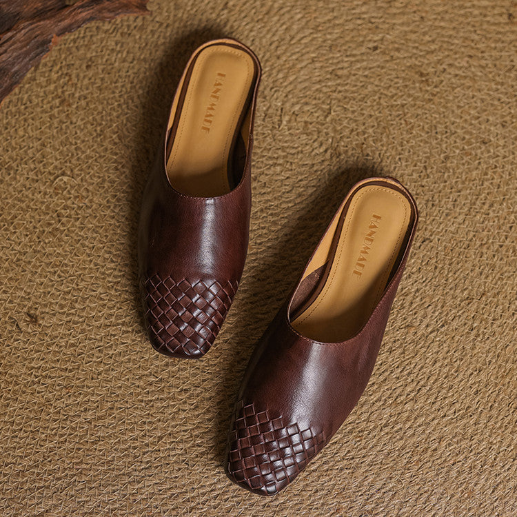 Genuine Leather Square-Toe Mules