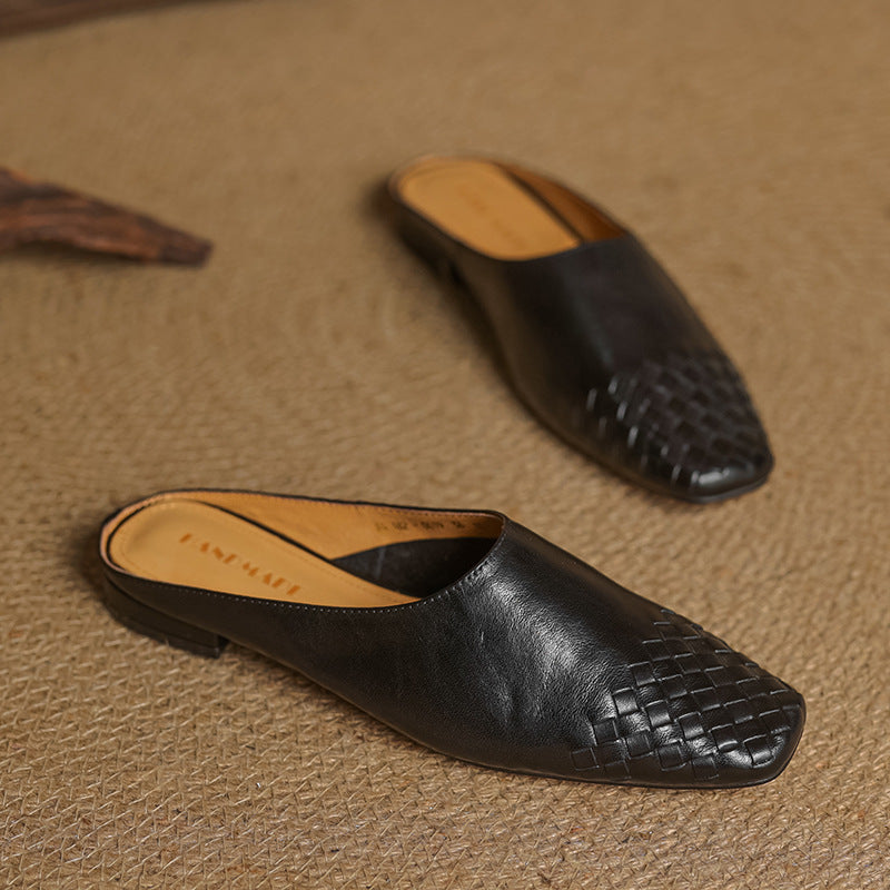 Genuine Leather Square-Toe Mules