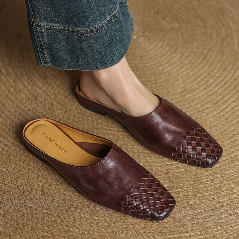 Genuine Leather Square-Toe Mules