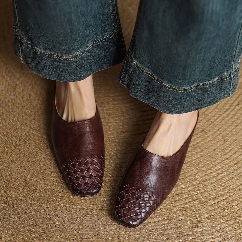 Genuine Leather Square-Toe Mules