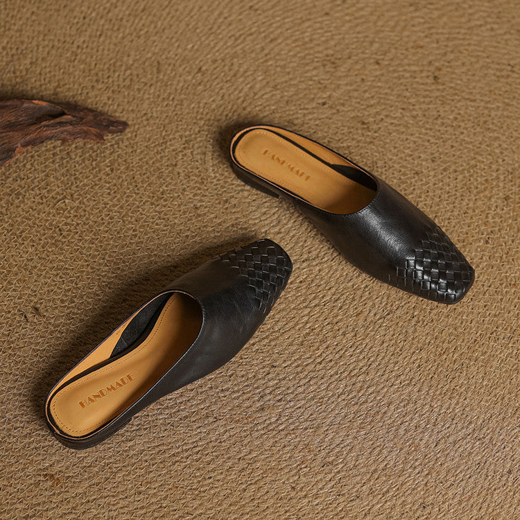 Genuine Leather Square-Toe Mules