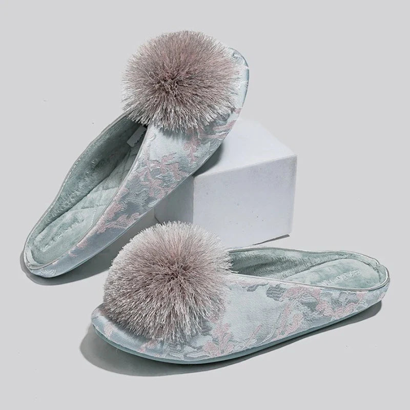 Embroidered Pom Slippers