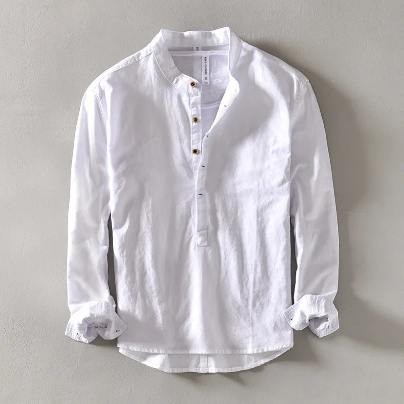 Linen Blend Stand Collar Shirt