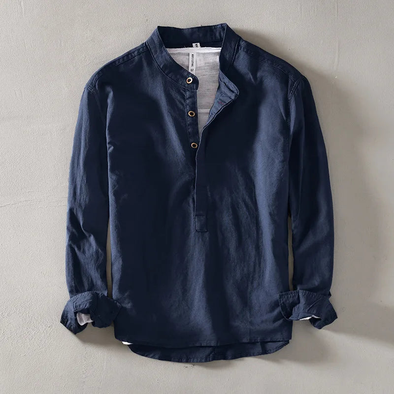 Linen Blend Stand Collar Shirt