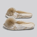 Embroidered Pom Slippers