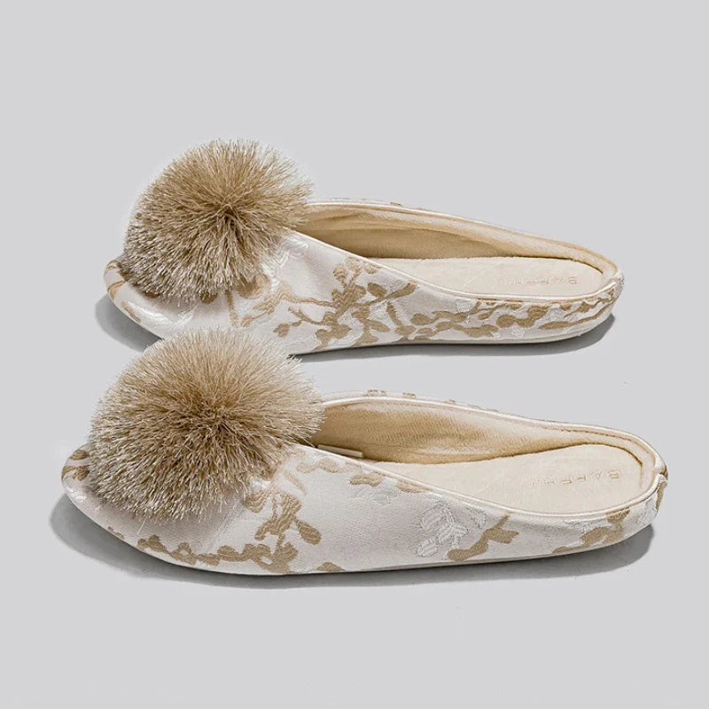 Embroidered Pom Slippers