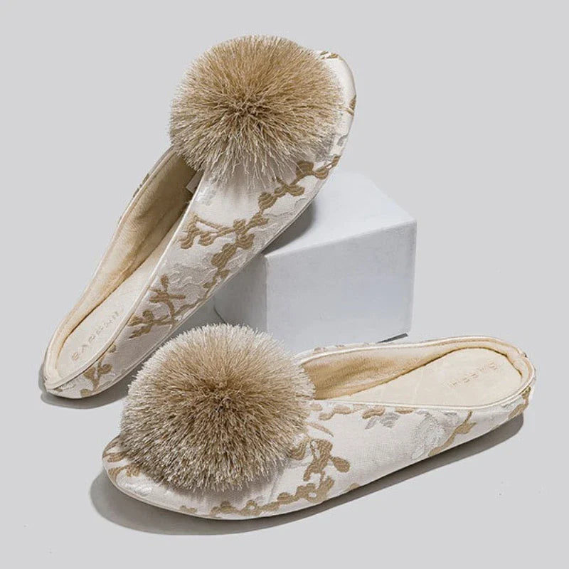Embroidered Pom Slippers