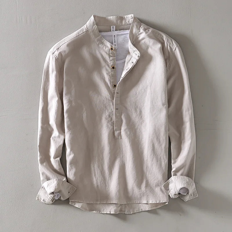 Linen Blend Stand Collar Shirt
