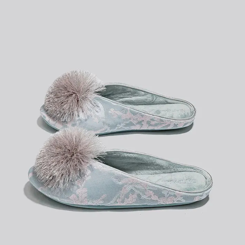 Embroidered Pom Slippers