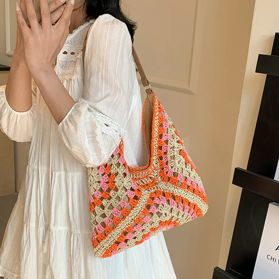 Boho Straw Woven Tote Bag