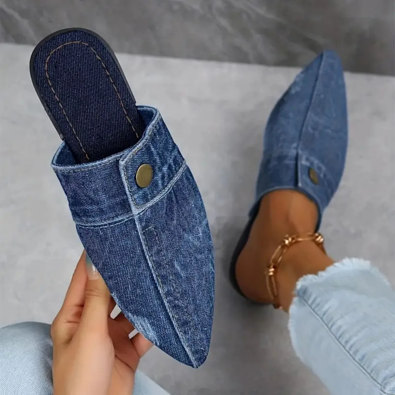 Women's Pointed Toe Denim Mules