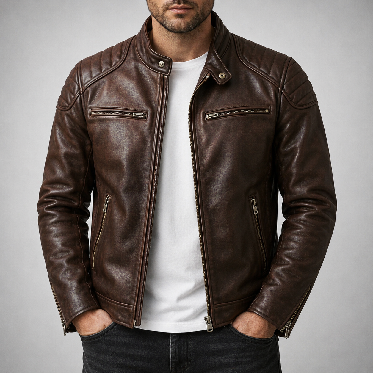 Stand Collar Zip-Up Biker Jacket